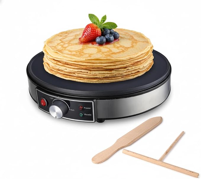 Morning Star 12-Inch Electric Crepe Maker with Nonstick Cooktop | Portable Griddle | Adjustable Temperature Control | Includes Wooden Spatula, Batter Spreader, 2 Recipe Booklets