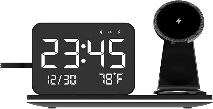 25W Magnetic Wireless Charging Station with Bluetooth Clock, 7-in-1 Rotatable Stand with Dimmable LED Lamp, 65W Adapter, Charger for iPhone 17/16/15 Apple Watch AirPods Bedside Nightstand Desk