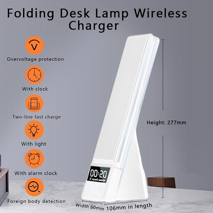 IHAO 6in1 Multifunctional Foldable LED Desk Lamp with Wireless Charger Digital Alarm Clock Eye-Care Lighting 3 Color Modes 15W Qi Charger for Phone/Headphones Compatible with iWatch Charger-N61 White