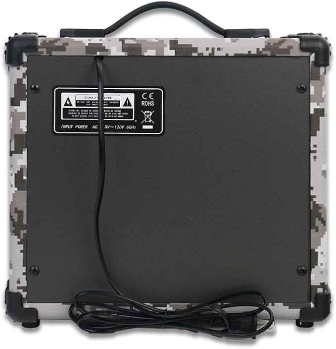 Electric Guitar Amplifier 20 Watt Amp Grey Camo Pixel Speaker Input Jack Aux Drive Gain Bass Treble Volume Headphone Multi Function Suitable for Beginner Starter Practice