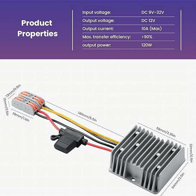 9-32V to 12V 10A 120W Waterproof DC-DC Buck Converter | Step Down Module for Automotive, LED Lights, Construction Sites, Tools
