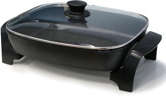 Elite Gourmet Extra Deep 16"x13" and 12"x12" Electric Skillets Bundle with Glass Lids, Adjustable Temp, Nonstick Coating