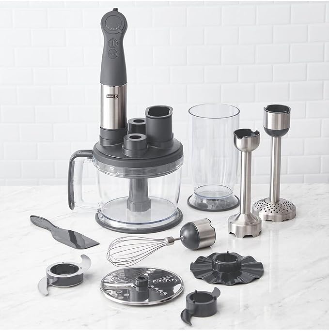 Dash Chef Series Deluxe Immersion Hand Blender Set, 5 Speed, 330W with Food Processor, Whisk, Masher & Dough Hook Attachments, Stainless Steel Blades for Soups, Sauces, Smoothies & Purées - Cool Grey