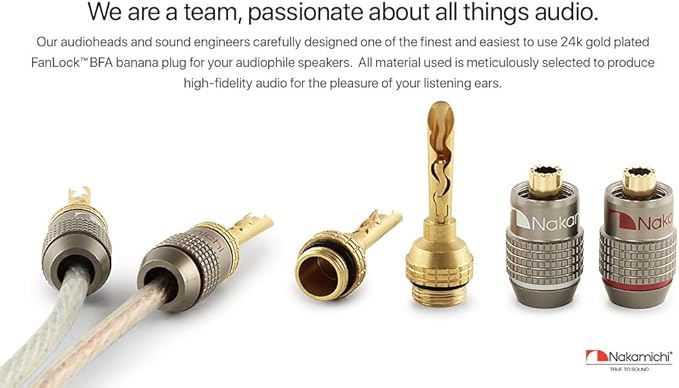 Nakamichi FanLock Excel Series 24k Gold Plated BFA Banana Plug 10 AWG - 18 AWG Gauge Size 4mm for Speakers Amplifier Hi-Fi Stereo Home Theatre Radio Audio Wire Cable Quick Connector, 8 Pcs (4-Pairs)