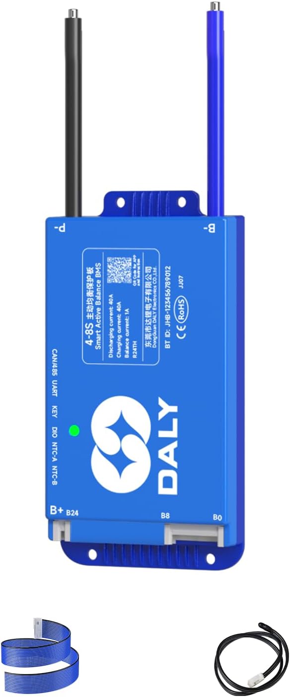 DALY BMS 40A 8S - 17S Built in Bluetooth 1A Active Cell Balancing RS485 CAN for 24V - 60V LiFePO4/Li - ion/LTO Battery Packs Perfect for Golf Cart, Home Energy System, E - Bike