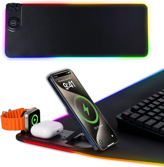 3 in 1 Mouse Pad with Wireless Charging, 31.5"x11.8" Mouse Pad RGB with Magnetic Wireless Charging,15 Light Modes,Non-Slip Base,Waterproof Keyboard Pad, Black