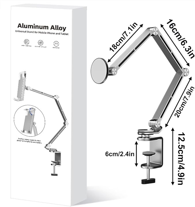 2-in-1 Tablet Stand for Desk, with Clamp & Magnetic Ring Head, Aluminum Foldable Holder Arm with 360°Rotatable Adjustable Base, Clamp Mount for 4"-12.9" Tablets, Phones Devices