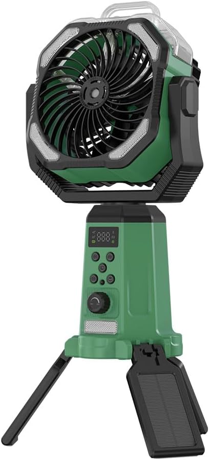 Solar Camping Fan with Mist, 20000mAh Rechargeable Battery Powered Outdoor Fan with LED Light & Remote Control, Oscillating Portable Fan with Tripod Stand for Camping, Tent, Patio, Power Outage