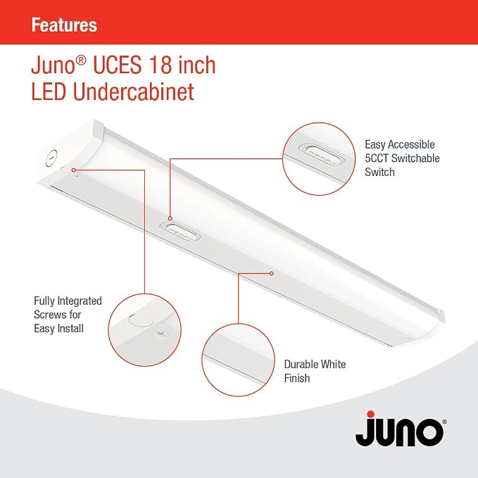 Juno UCES 18 Inch LED Under Cabinet Lighting, LED Kitchen Cabinet Light Fixture Hardwired, Dimmable, Damp Rated, Selectable Soft, Warm, Neutral, Cool, Daylight White Light (UCES 18IN SWW5 90CRI WH M6)