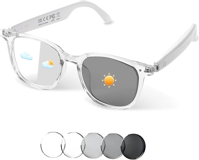 Smart Glasses for Women Men, Bluetooth Audio Glasses with Color-Changing Lenses, Open Ear Sound Speakers, Magnetic Charging, Voice Assistant, Music/Calls, Blue Light Glasses for Working Travel (Clear)