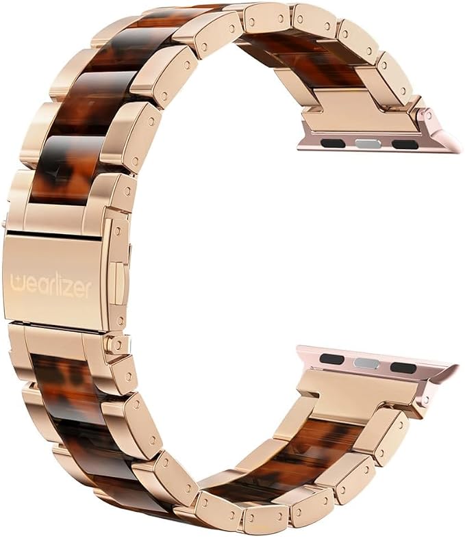 Wearlizer Tortoise Compatible with Apple Watch Band 38/40/41/42mm Womens, Replacement Stainless Steel Strap Fashion Resin Wristband Bracelet iWatch Series 11 10 9 8 7 6 5 4 3 SE/Ultra 3 2 1-Rose Gold