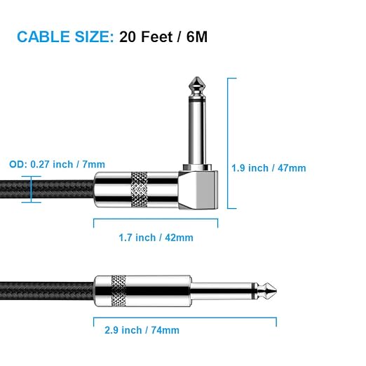 New Bee Guitar Cable 20 ft Electric Instrument Cable Bass AMP Cord 1/4 Straight to Straight for Electric Guitar, Bass Guitar, Electric Mandolin, Pro Audio (Right Angle)