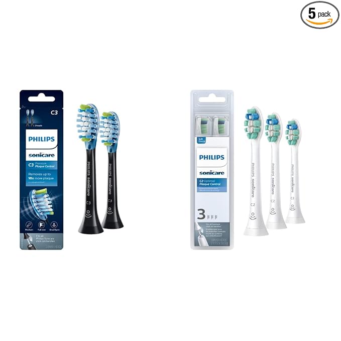 Philips Sonicare Genuine C3 Premium Plaque Control and C2 Optimal Plaque Control Toothbrush Heads Bundle (5 Brush Heads)