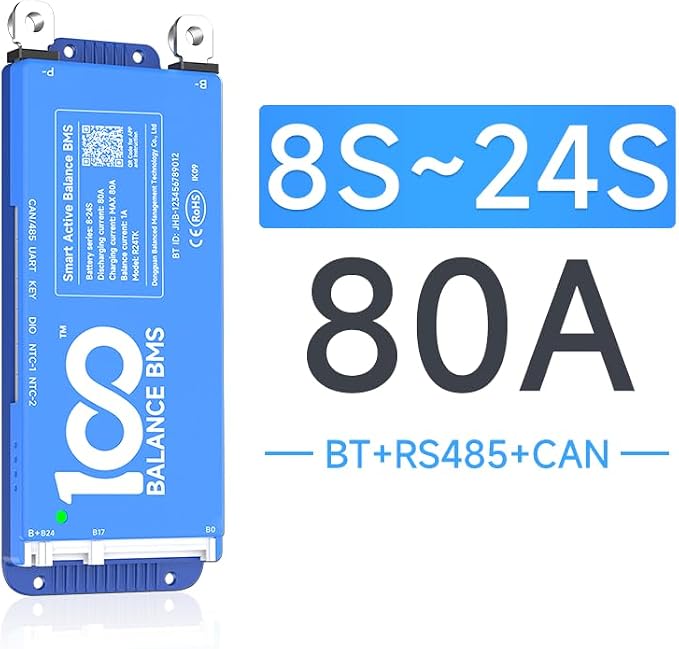 DALY BMS 80A 8S - 24S Built in Bluetooth 1A Active Cell Balancing RS485 CAN for 24V - 72V LiFePO4/Li - ion/LTO Battery Packs Perfect for Golf Cart, Home Energy System, E - Bike