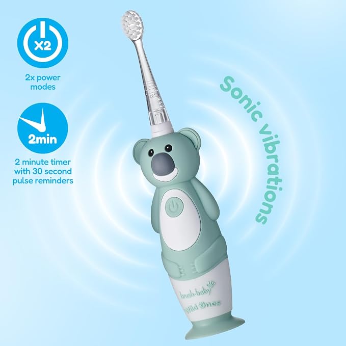 BrushBaby - WildOnes - Kids Rechargeable Electric Toothbrush, Ages 0-10 - Koala Design with Flashing Lights - DeepClean Bristles for Superior Cleaning - 2 Replacement Brush Heads, 1 USB Cable