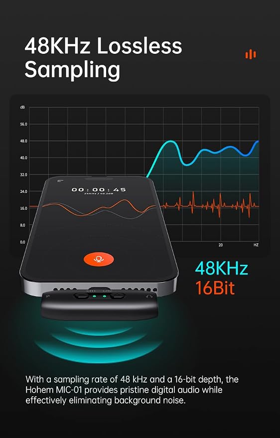 hohem MIC-01 Wireless Lavalier Lapel Microphone for iPhone iOS, with Noise Cancellation,MFi Certified,Remote Contro,Built-in Storage,20H Battery Life, Wireless Microphone for Live Stream (2TX+1RX)