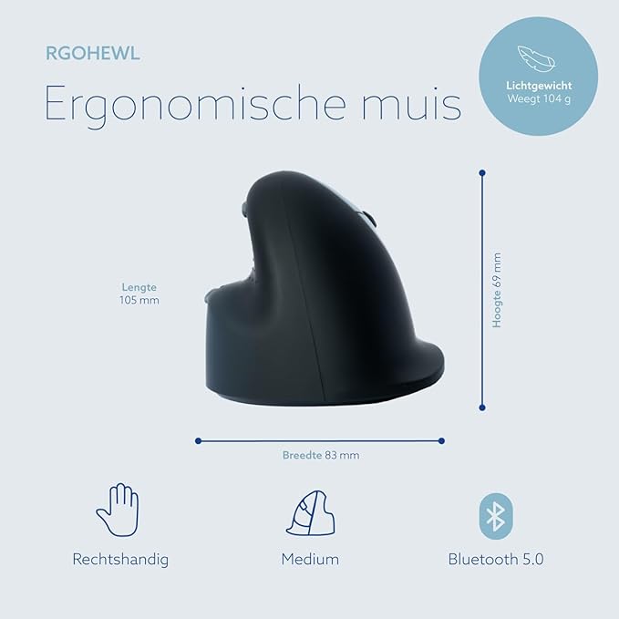 R-Go HE Ergonomic Mouse, Bluetooth 5.0, Silent Click, Vertical design, With Break Software, Prevents Tennis Elbow/RSI Arm, Rechargeable, For Windows/Mac, 5 Buttons, Black