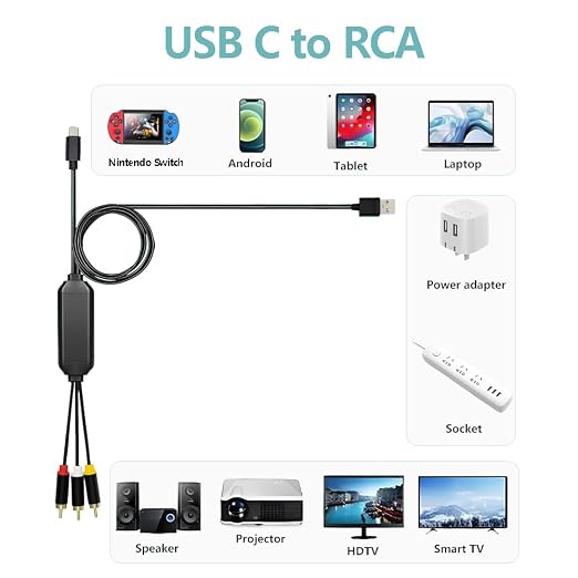USB C to RCA Cable Adapter, 6Ft Type-C to RCA Wired Screen Mirroring with USB A(Charging),USB C Male to 3 RCA Male,Suitable for TV, Monitor, Speaker