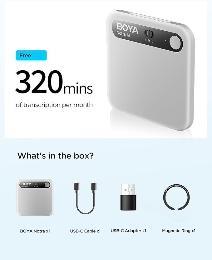 BOYA Notra AI Voice Recorder,Ambient/Phone Call/Bluetooth Capture, AI Transcription&Smart Summary, Support 140+ Languages, 64GB Storage, Magnetic Note Taker for Meetings,Lectures,Interviews(Sliver)