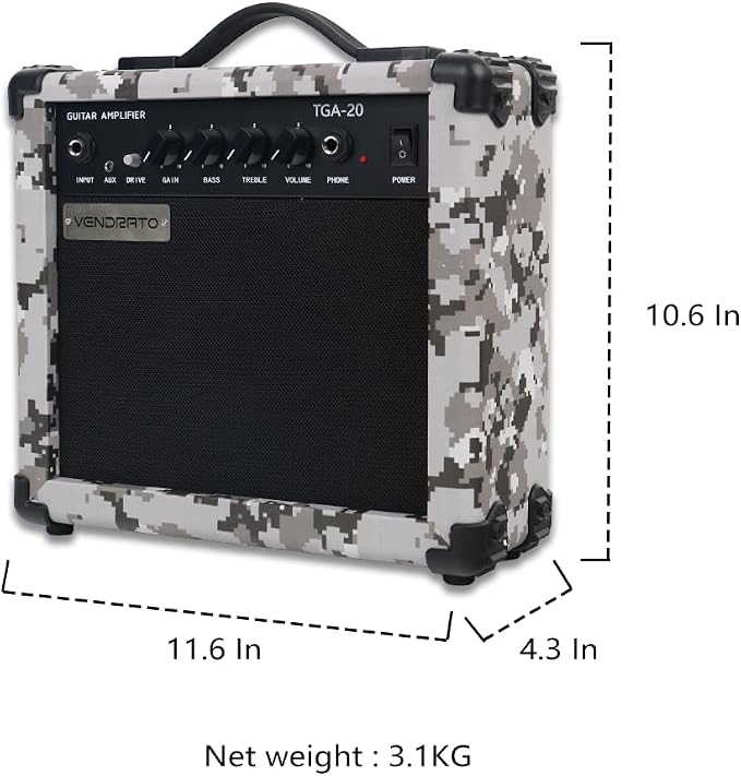 Electric Guitar Amplifier 20 Watt Amp Grey Camo Pixel Speaker Input Jack Aux Drive Gain Bass Treble Volume Headphone Multi Function Suitable for Beginner Starter Practice