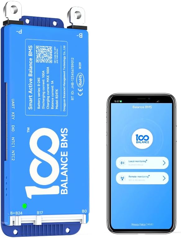 100BALANCE BMS 100A Active Balance 1A 8S-24S Build in Bluetooth Cell Balancing Smart PCB Battery Protection Board for Li-ion/Lifpo4/LTO Lithium Battery Pack