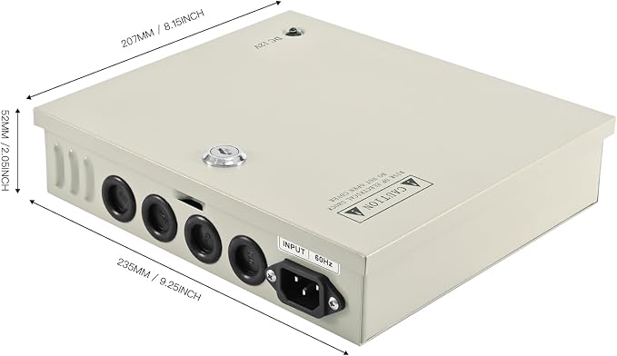 CCTV Power Supply Box 9 Channel 12V 5A, Lockable Metal Power Distribution with Resettable Fuse for Security Cameras DVRs