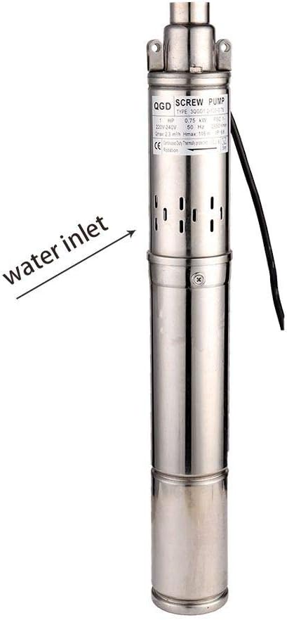 1HP 3" OD Pipe Stainless Steel Submersible Deep Well Pump 328FT 1" Outlet 0.75KW 80mm Bore Screw Water Pumps for Industrial and Home Garden Use,220V/50Hz