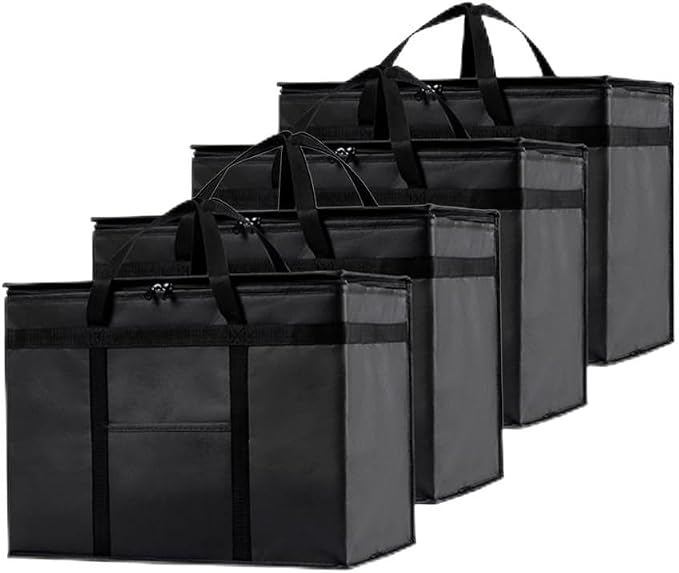 NZ home Insulated Bags for Food Delivery (XL Plus) Grocery Shopping Cooler Bag, Pizza Delivery, Hot & Cold Catering Tote, Reusable, Foldable & Heavy Duty (4 Pack, Black)