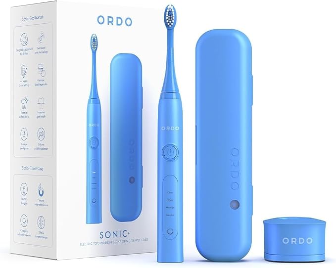ORDO Sonic+ Electric Toothbrush with Case, Sonic Toothbrushes for Adults, Charging Travel Case, 4 Brushing Modes, Fast Rechargeable Battery, Silicone Polishing, USB Charger, Arctic Blue
