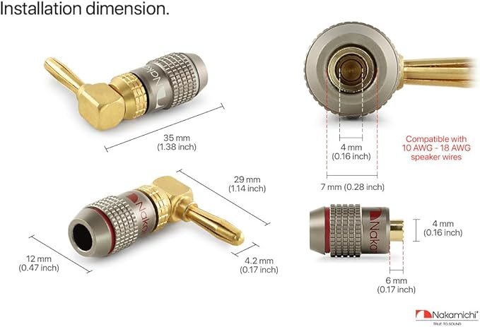 Nakamichi FanLock Excel Series 24k Gold Plated Right-Angle 90 Degree Banana Plug 10 AWG - 18 AWG Gauge Size 4mm for Speakers Amplifier Hi-Fi Home Theatre Wire Cable Quick Connector, 10 Pcs (5-Pairs)