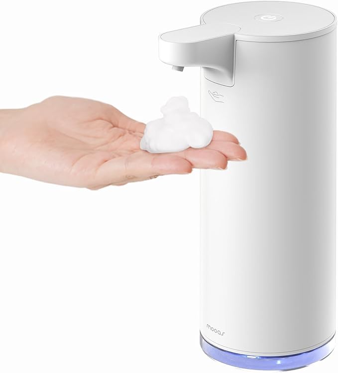 mooas Automatic Foaming Hand Soap Dispenser 2 Set (White & Metal) Stainless Steel Rechargeable 2 Level Adjustable Touchless Soap Dispensers for Kitchen, Bathroom, Commercial 9.4oz Each