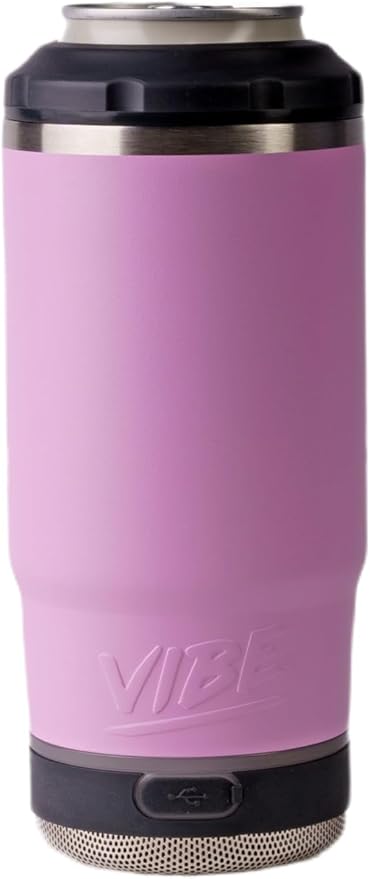 Vibe 4 In 1 Bluetooth Speaker Cup, Insulated Can and Bottle Holder for Hot or Cold Drinks, Double Wall Stainless Steel Drinkware, Fits 12 oz Cans or 14 oz Liquid, Pink