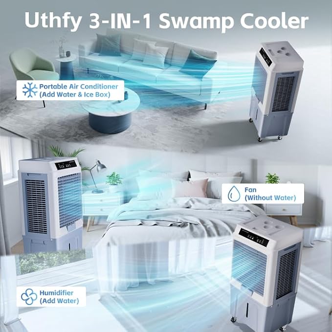 Uthfy Swamp Cooler, 3880CFM Evaporative Air Cooler with 10.6 Gal Water Tank, 120° Oscillation, 12H Timer, Remote, Ultra Quiet Cooling Fan, Outdoor Air Conditioner for Garage Patio Large Room