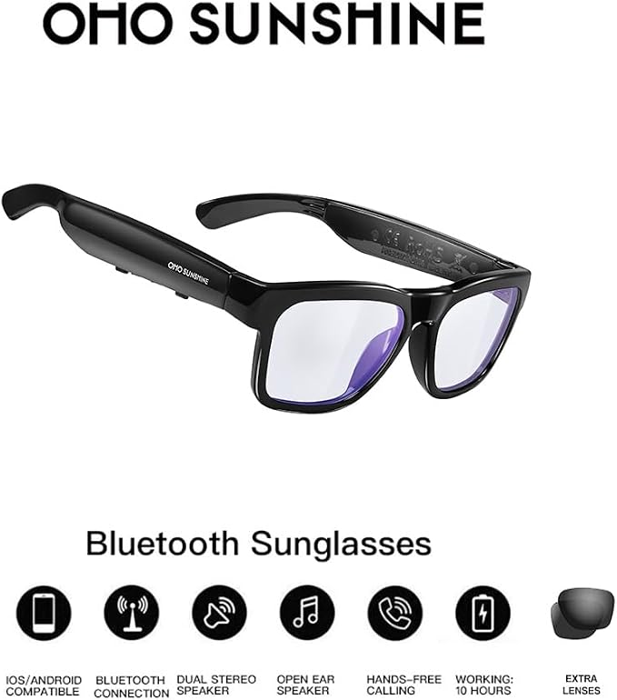 OhO sunshine Bluetooth Audio Sunglasses, Lightweight Open Ear Sport Glasses, 10H Playtime, Water Resistant with Voice Control