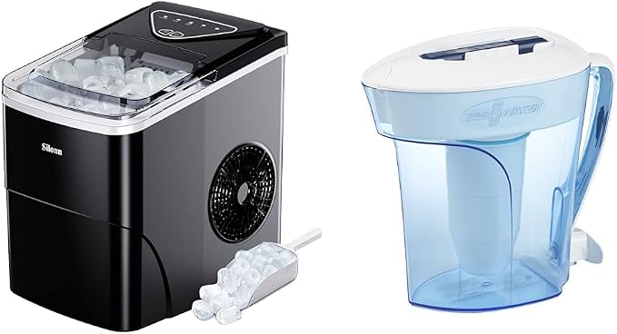 Silonn Ice Maker Countertop & ZeroWater 10-Cup Ready-Pour 5-Stage Water Filter Pitcher 0 TDS for Improved Tap Water Taste - IAPMO Certified to Reduce Lead, Chromium, and PFOA/PFOS