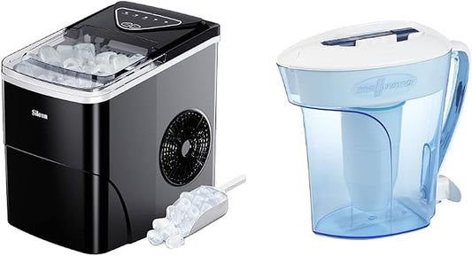 Silonn Ice Maker Countertop & ZeroWater 10-Cup Ready-Pour 5-Stage Water Filter Pitcher 0 TDS for Improved Tap Water Taste - IAPMO Certified to Reduce Lead, Chromium, and PFOA/PFOS