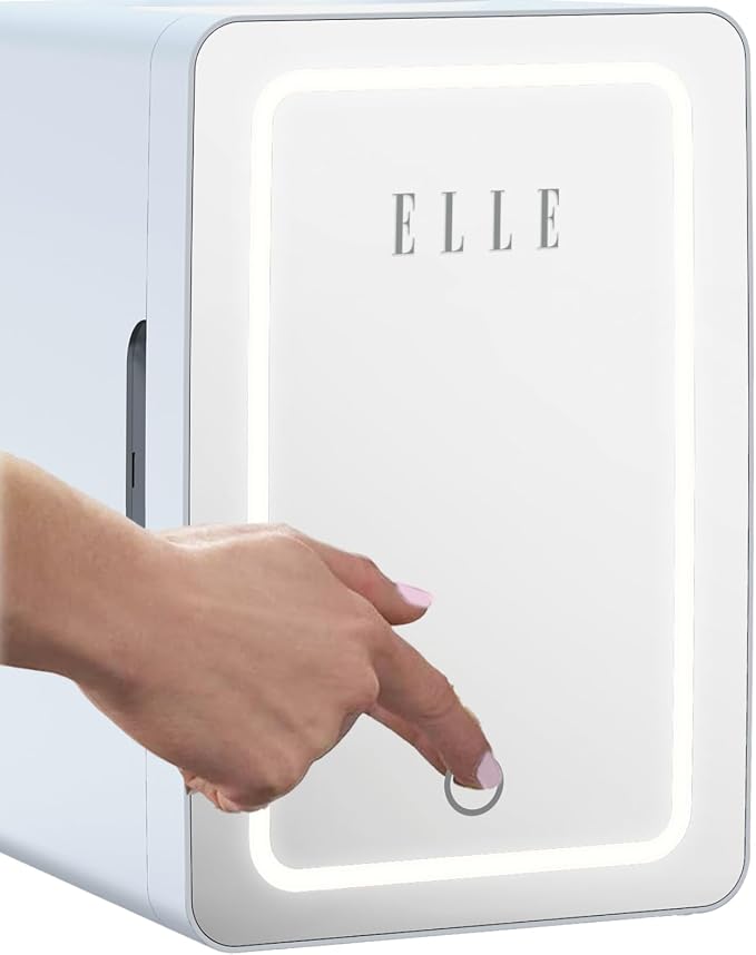 ELLE 6L Mini Cooler Fridge with LED Makeup Mirror for Skincare & Cosmetic Storage Cooler & Warmer Removable Shelf Carrying Handle AC DC Power Options Small Refrigerator for Bedroom Car Office Blue
