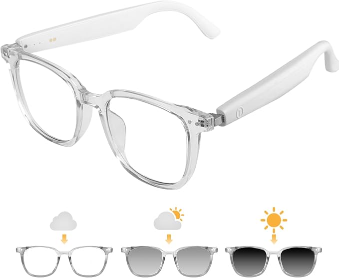Smart Glasses for Women Men, Bluetooth Audio Glasses with Color-Changing Lenses, Open Ear Sound Speakers, Magnetic Charging, Voice Assistant, Music/Calls, Blue Light Glasses for Working Travel (Clear)