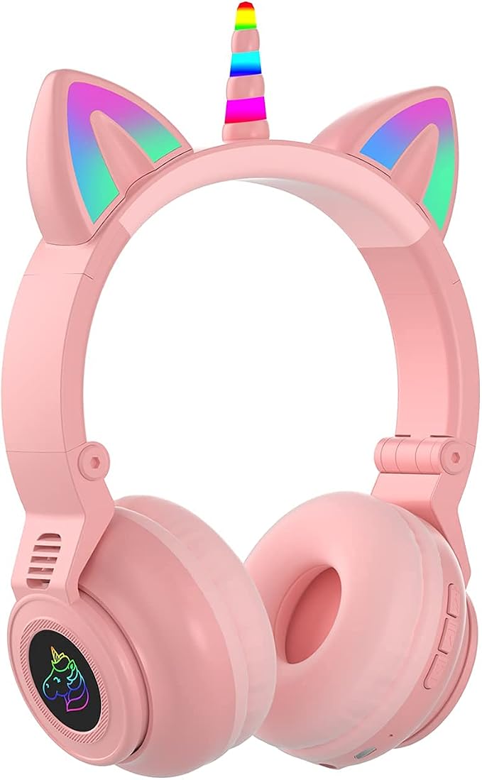 Unicorn Kids Headphones for Girls, Unicorn Bluetooth Headphones Foldable for Girls Toddlers Tablet/pad/Amazon fire,Light Up Kids Wireless Headphone Birthday Gifts (Pink 2)