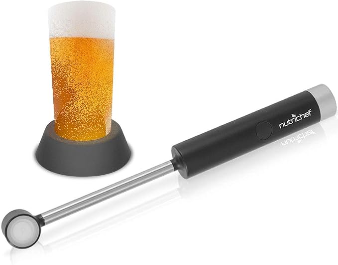 Portable Electric Ultrasonic Drink Frother - Battery Operated Handheld Beer Foam Maker Machine w/Stainless Steel Wand, 4.93 oz Glass - for Coffee, Milk, Cappuccino Latte - NutriChef PKBRFM32 (Black)
