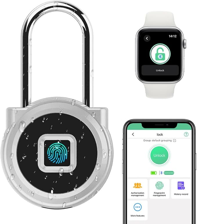 Fingerprint Padlock eLinkSmart Long Padlock with 45MM Shackle Phone App SmartWatch Weatherproof Combination Locker Lock for Gym Locker Locker Backpack Suitcase Luggage Silver