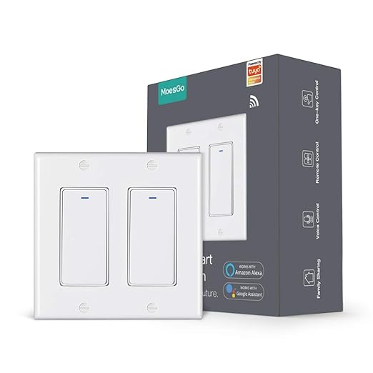 MoesGo WiFi Wall Push Button Smart Light Switch,Multi-Control, 2.4GHz WiFi Light Switches, Neutral Wire Required,Remote Control Smart Life/Tuya, Work with Alexa,Google Home White 2 Gang