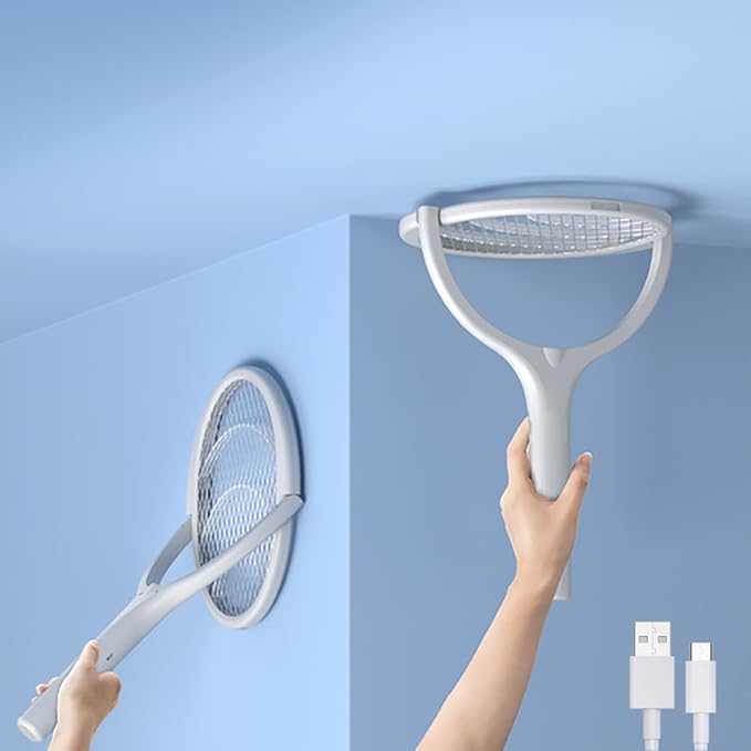 2 Pack BUGZILLA Electric Fly Swatter Racket Rotating Head Type-C Rechargeable Electric Bug Zapper Racket Mosquito Zapper Fly Zapper Racket Gnat Wasp Killer Indoor 2 Pack