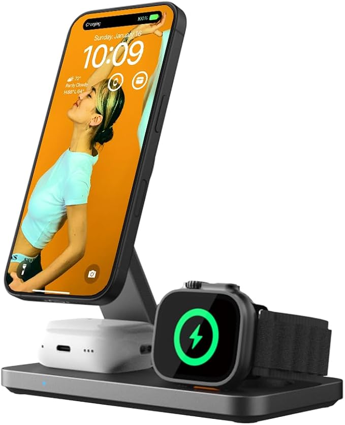 POUT Hands 7 PRO 3-in-1 Foldable Qi2 15W Wireless Charging Stand, Adjustable Angles, Compatible with MagSafe, for iPhone 17–12 Series, AirPods Pro/4/3, Apple Watch Ultra/SE/Series – Graphite Black