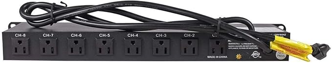 American DJ 8 channel AC power strip with 15 amp breaker and 8 on/off toggle switches. 19 inch rack mountable