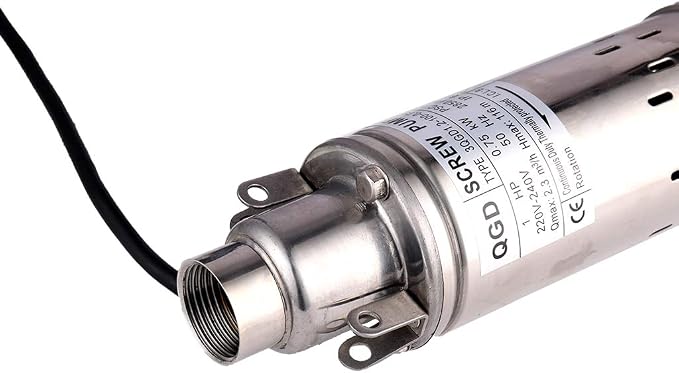 1HP 3" OD Pipe Stainless Steel Submersible Deep Well Pump 328FT 1" Outlet 0.75KW 80mm Bore Screw Water Pumps for Industrial and Home Garden Use,220V/50Hz