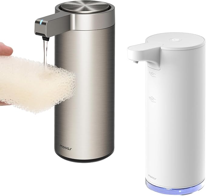 Mooas Automatic Soap Dispenser Bundle– Liquid (Metal) & Foaming Touchless Automatic Soap Dispensers (White), Stainless Steel, Rechargeable, Adjustable Levels, IPX5 Waterproof for Bathroom & Kitchen