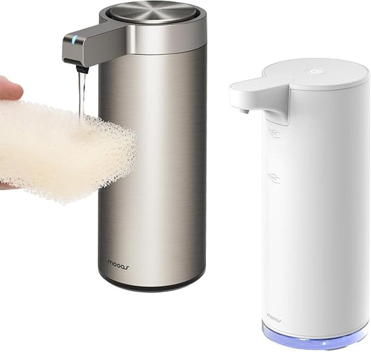 Mooas Automatic Soap Dispenser Bundle– Liquid (Metal) & Foaming Touchless Automatic Soap Dispensers (White), Stainless Steel, Rechargeable, Adjustable Levels, IPX5 Waterproof for Bathroom & Kitchen