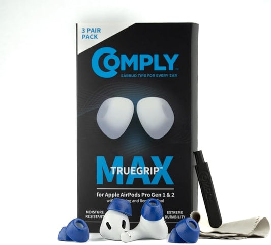 Comply TrueGrip MAX | Premium Memory Foam Replacement Earbud Tips for Apple AirPods Pro 1 & 2 | Long Lasting Comfort, MAX Durability, Secure Fit, Superior Noise Isolation| Blue (S/M/L) (3 Pairs)