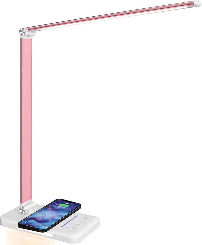 LED Desk Lamp with Night Light, Fast Wireless Charger, USB Charging Port, 10 Brightness, 5 Color Modes, Dimmable Bedside Table Lamp for Bedroom, Touch Control, Auto Timer, 1200Lux Super Bright